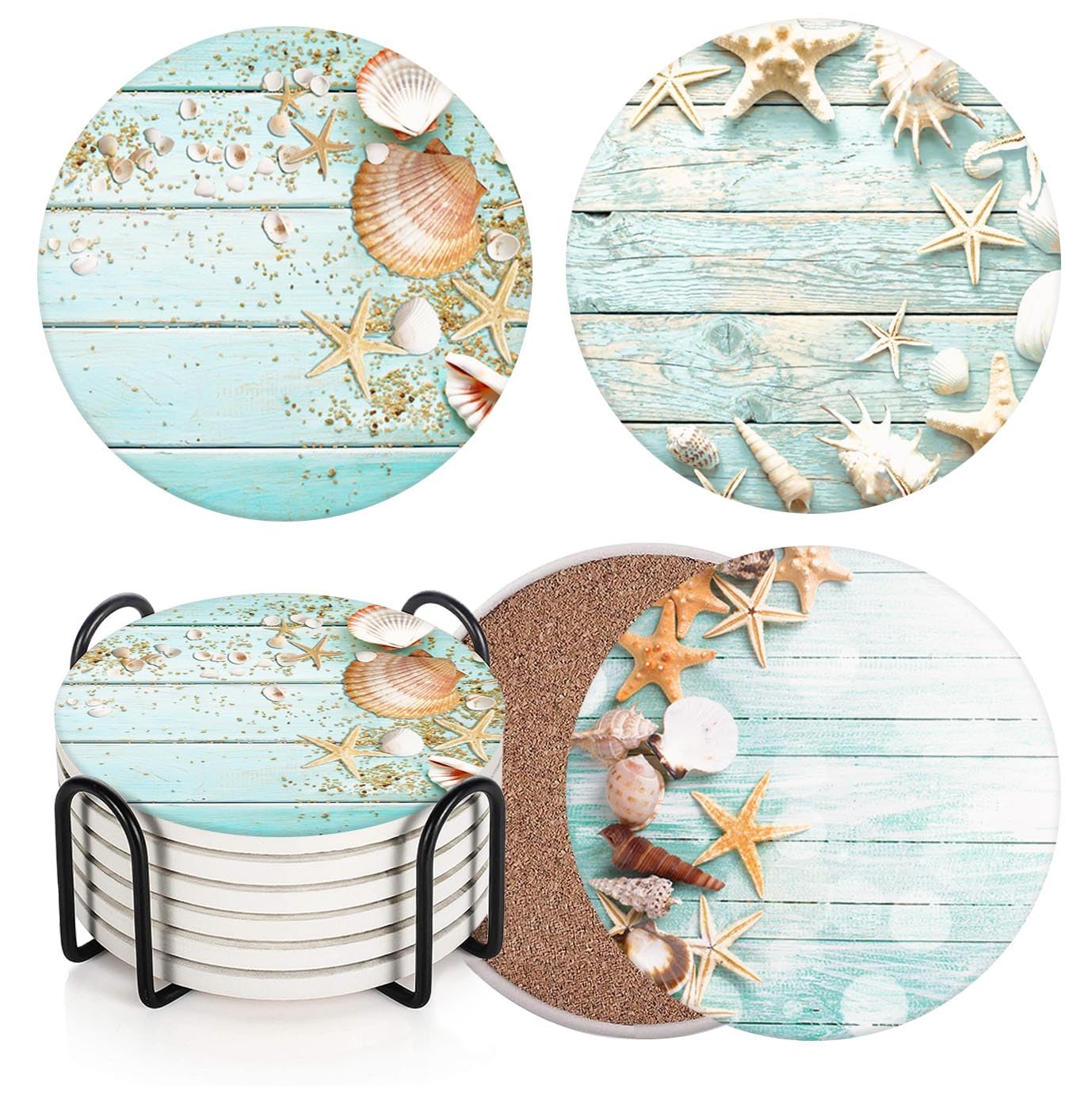 Britimes Coaster for Drinks Set of 6, Beach Seashells Wooden Nautical Wood Sand Table Coastal Absorbent Round Ceramic Stone Mat, with Cork Base and Metal Holder, Gift for Housewarming Room Bar Decor