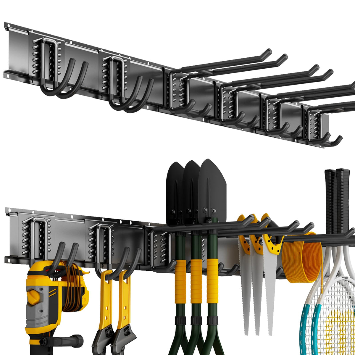 CRXCRC Garage Wall Organizer Wall Mount, 48inch Heavy Duty Garden Tool organizer Storage System, Easy Install With 6 Adjustable Hooks, For Garage, Basement, Shed, Workshop(Black)