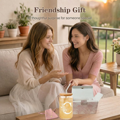DAMCONME Friendship Gifts for Women, Initial Glass Cup and Bracelet Gift Set, Personalized Ready to Gift Letter Gift for Bestie, Women Friends and Special Occasions