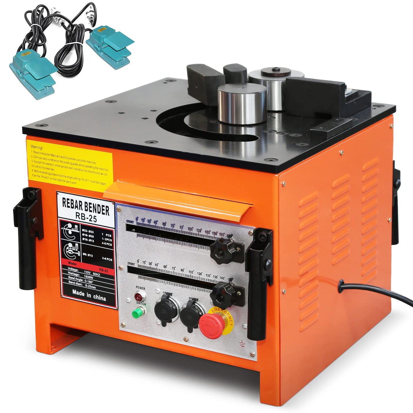 1600W Rebar Bender, 19.5"l x 17"w x 15"h, Electric Rebar Bending Machine with Foot Pedal and Handle, 0°-180° Adjustable Bending Angle, 6-7 Seconds Fast Bending Speed for 1/4" to 1" Steel Bar, Port