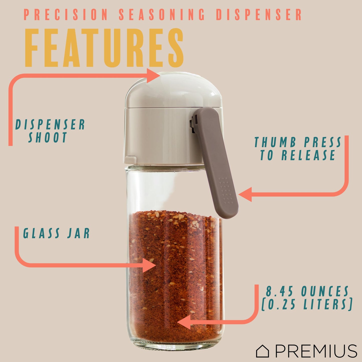 Glass Precision Spice Dispenser By PREMIUS, 8.45 Ounces, Durable Glass Bottle, Plastic Lid, Pour the Perfect Amount of Spices Every Time, Airtight Design with Sleek Glass, White