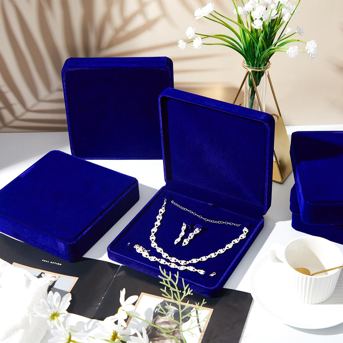 Yinkin 6 Pcs Velvet Jewelry Set Box Jewelry Display Case Earring Ring Bracelet Necklace Gift Box Pearl Necklace Storage Case for Mother's Day Wedding Travel Anniversary(Royalblue)