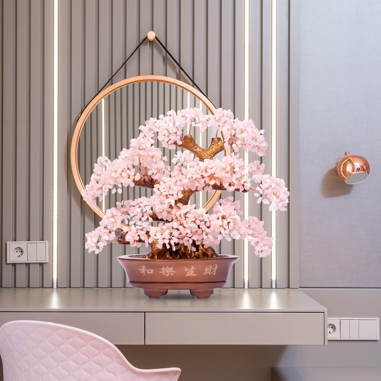 GEMBOURY Natural Rose Quartz Tree Large,14" Chakra Crystal Tree(1,251 Gemstone Count) w/Lucky Coins Chain Healing Properties - Bonsai Feng Shui Money Tree for Love Self Care Home Office Decoration