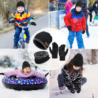 Kids Winter Hat Scarf Gloves Set - Warm Thermal Knitted Beanie Cap Snood Neck Warmer Touchscreen Anti-slip Mitten Outdoor Sports Soft Fleece Lining Elastic for Children Boys Girls Black Aged 5-10