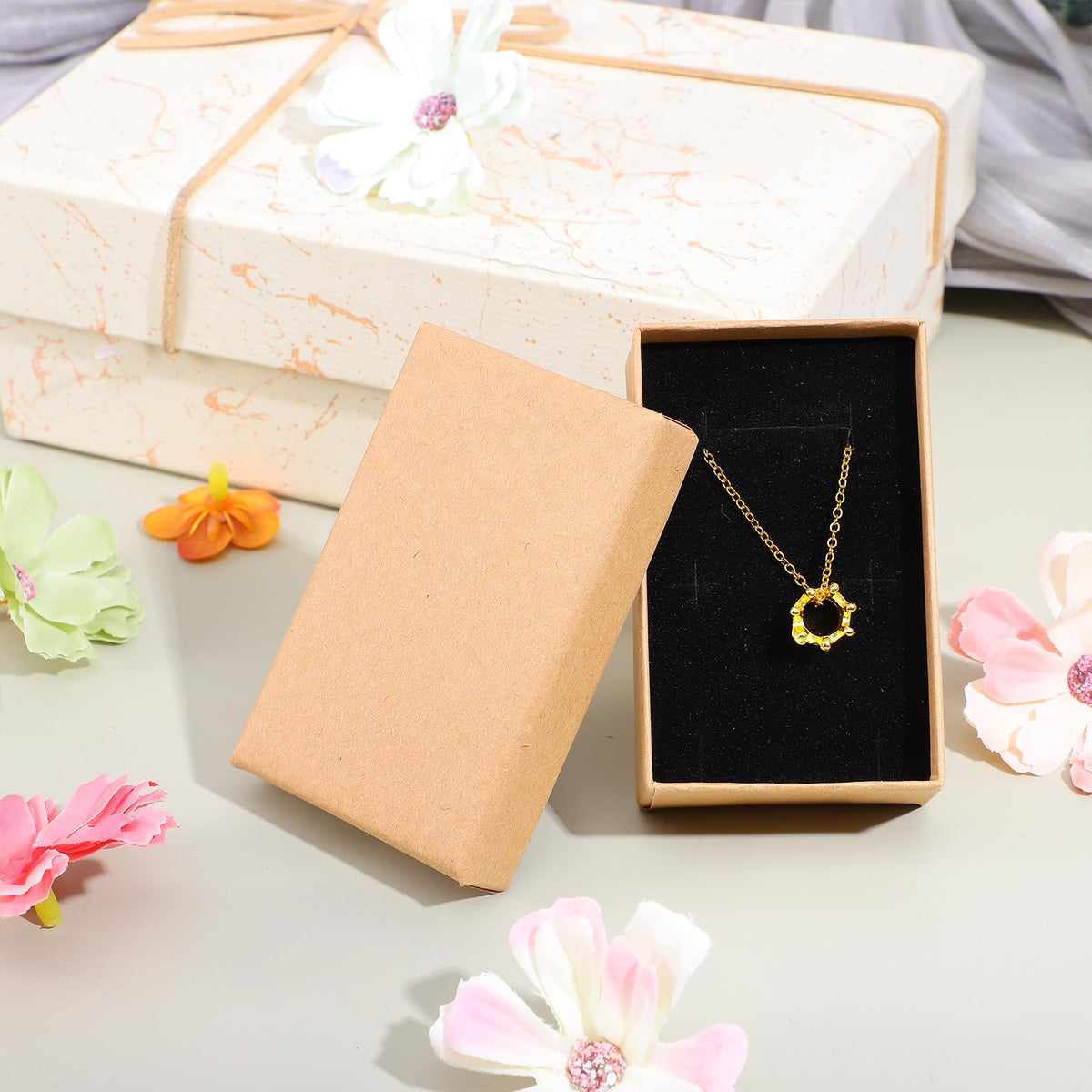 Meyeyaia 100 Pcs Jewelry Gift Boxes Bulk 3.2 x 2 x 1.2 Inch Kraft Jewelry Cardboard Boxes Small Christmas Gift Box with Lids for Necklace Earring Bracelet Ring Storage Display (Brown)
