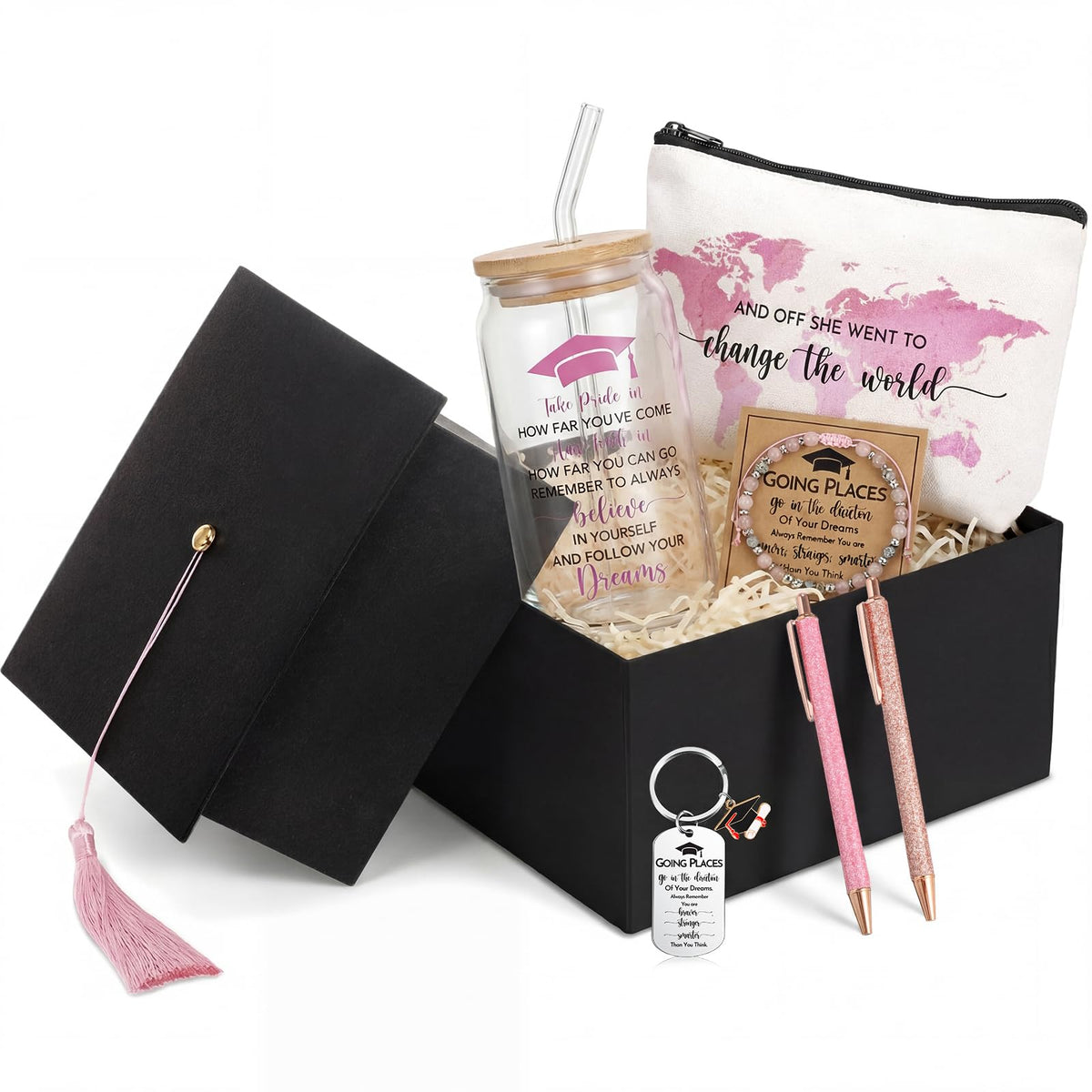 Vesici 8 Pcs Class of 2026 Graduation Gift Box Set for Women Her Grad Cap Box Glass Cup Makeup Bag Bracelet Pen Keychain College High School Graduation Gift for Daughter Sister Friend(Pink)