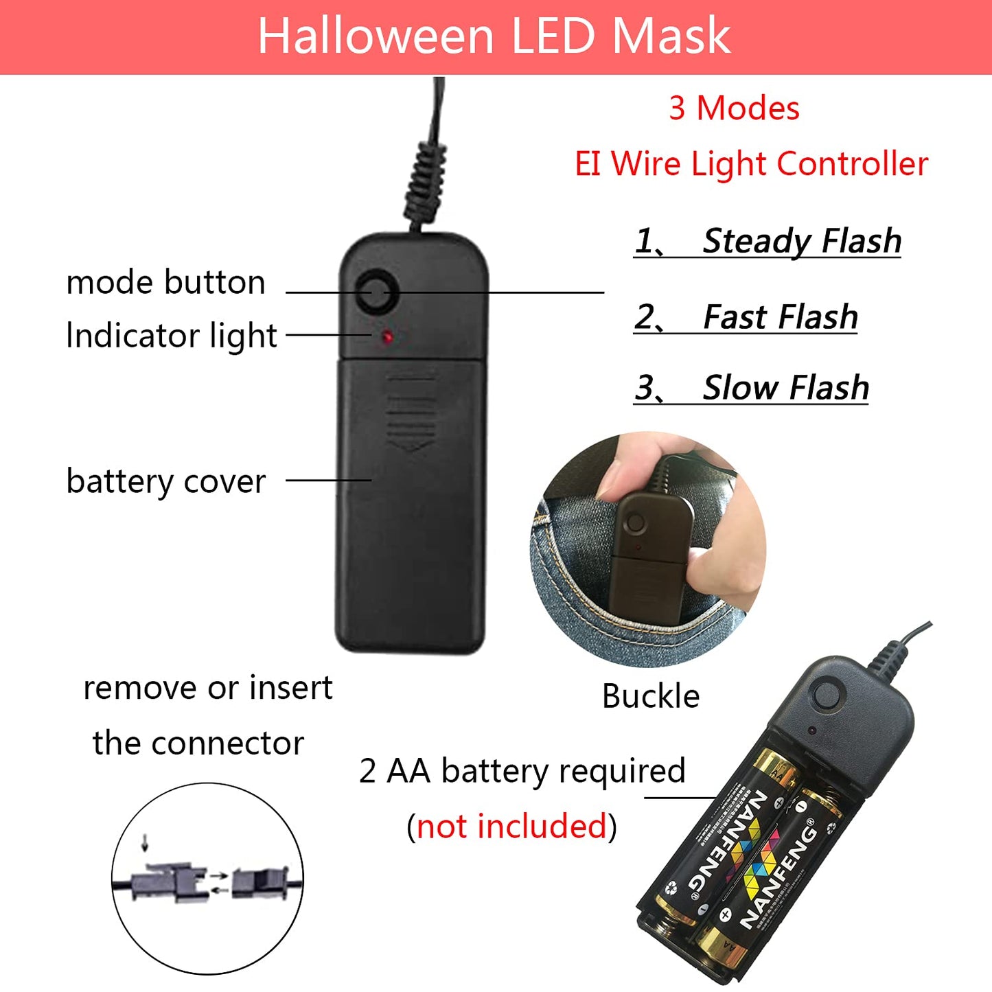 DWTECH LED Halloween Mask - Light Up Mask LED Masks EL Wire Scary Mask for Masquerade Cosplay Light Up Face Mask for Kids Men Women Halloween Festival Party (Ice Blue&Pink A)
