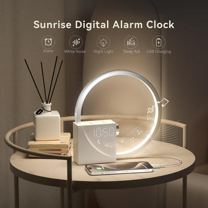 Vivilumens Sunrise Digital Alarm Clock, White Noise Sound Machine, Sleep Aid Timer with USB Port, Dimmable Digital Clocks Display, Snooze,10 Ringtones for Heavy Sleepers, Bedroom Decor Gifts for Women