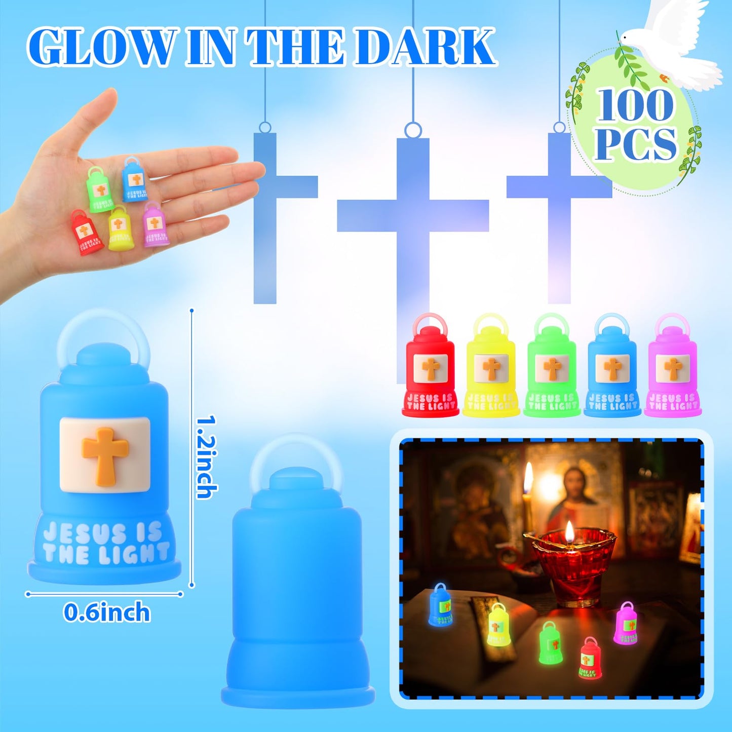 Halloscume 100 Pcs Vbs 2026 Jesus is The Light Lanterns Figures Glow in Dark Jesus Lights The Way Sign Christian Religious Gift Hide and Seek Sunday School Favor (Partially Glowing,Multicolor)