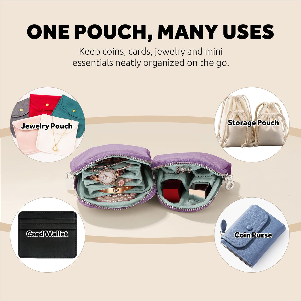 Lumayina Small Travel Jewelry Case Set 2-in-1 Detachable Velvet Pouches, Portable Jewelry Organizer Bag for Rings Earrings Bracelets, Gift Box for Women (Lavender Purple)