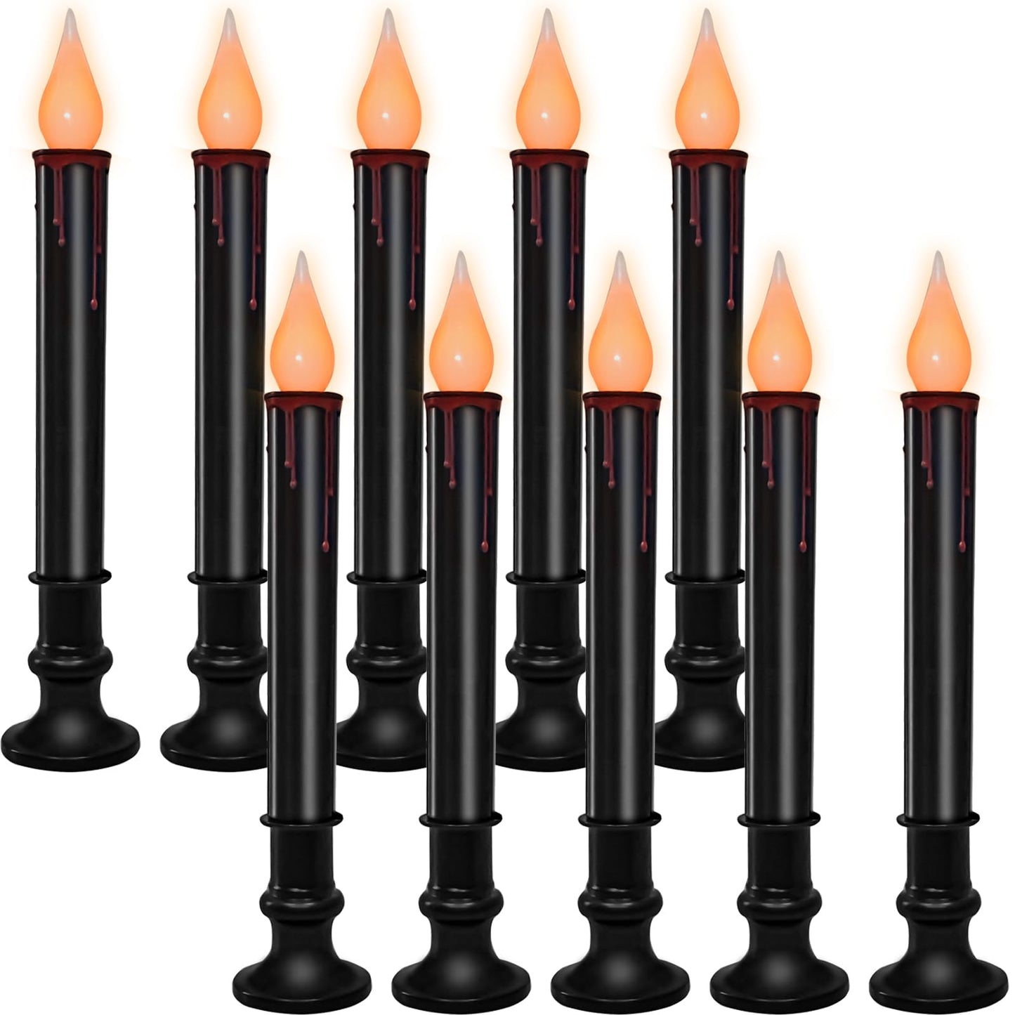 SUNSGNE 9'' Halloween Window Battery Operated Candle Lights with LED Flameless Flicker Lights, Black Candles Automatic Timer Lamps for Indoor Windows Dining Table Decor, Pack of 10