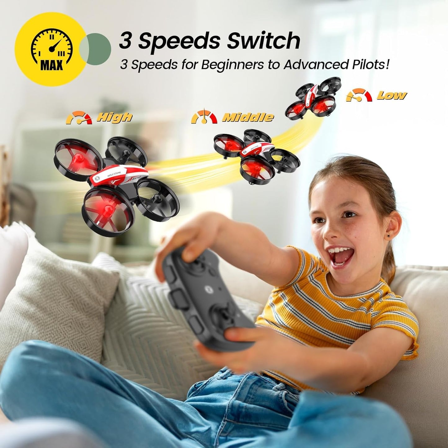 Holy Stone HS210 Kids Mini Drone for Beginners Adults, Indoor Outdoor RC Toy Quadcopter Plane for Boys Girls with Auto Hover, 3D Flip, 3 Batteries & Headless Mode, Great Toddler Gift, Red