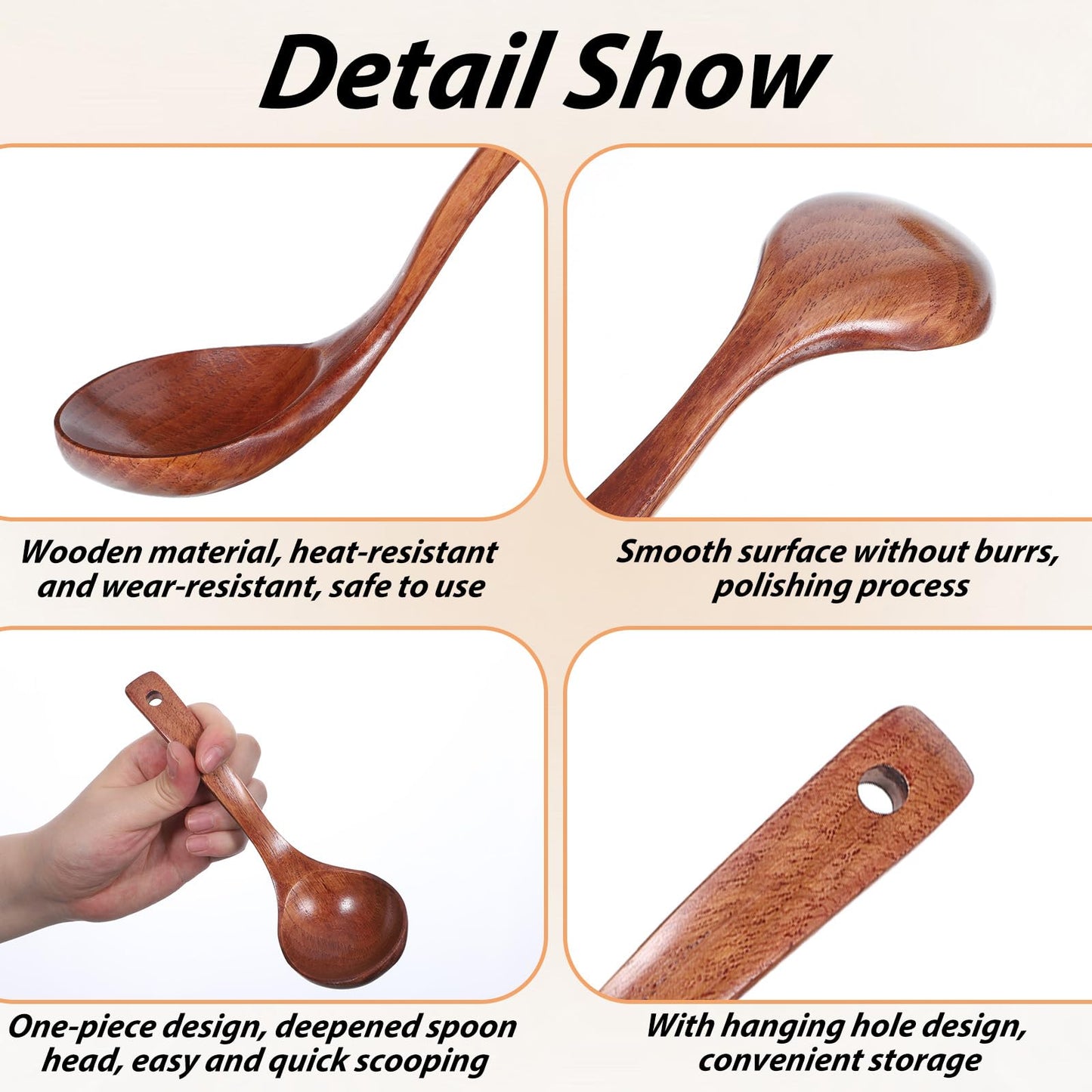 Wooden Ladle for Soup, Set of 2 Wooden Spoons for for Deep Pot, Non-Stick Wooden Spoons for Cooking & Serving, Natural Wood Sauces Porridge Soup Flatware with Long Straight Handle