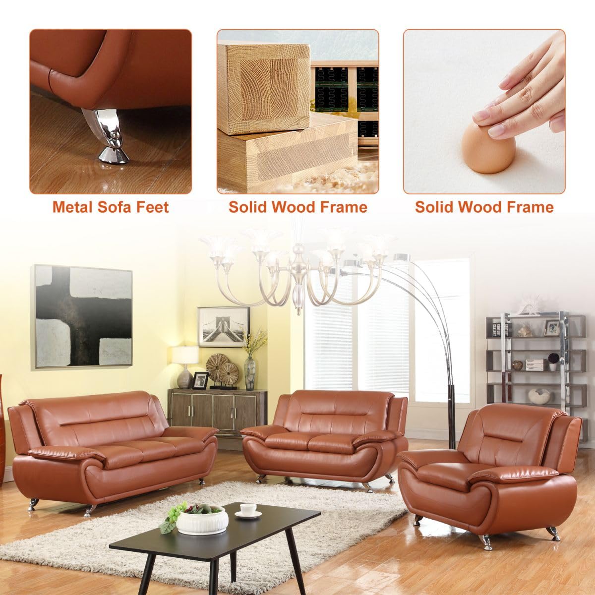 UOCFYK Lounge Comfy Faux Leather Sofa Modern Couch for Small Living Room/Dorm/Bedroom/Office/Apartment for Small Spaces, (Orange, Three-Person Seat)
