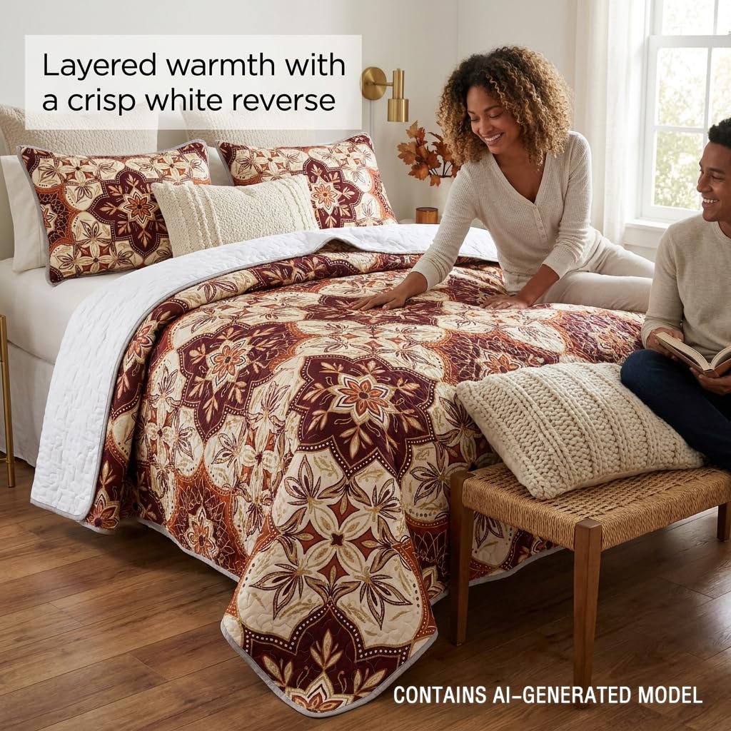 Boho Medallion Quilt Set, Warm Terracotta and Cream Lightweight Microfiber Bedspread with Matching Pillow Shams, Decorative Stitching for Cozy Bedroom Decor, Full/Queen
