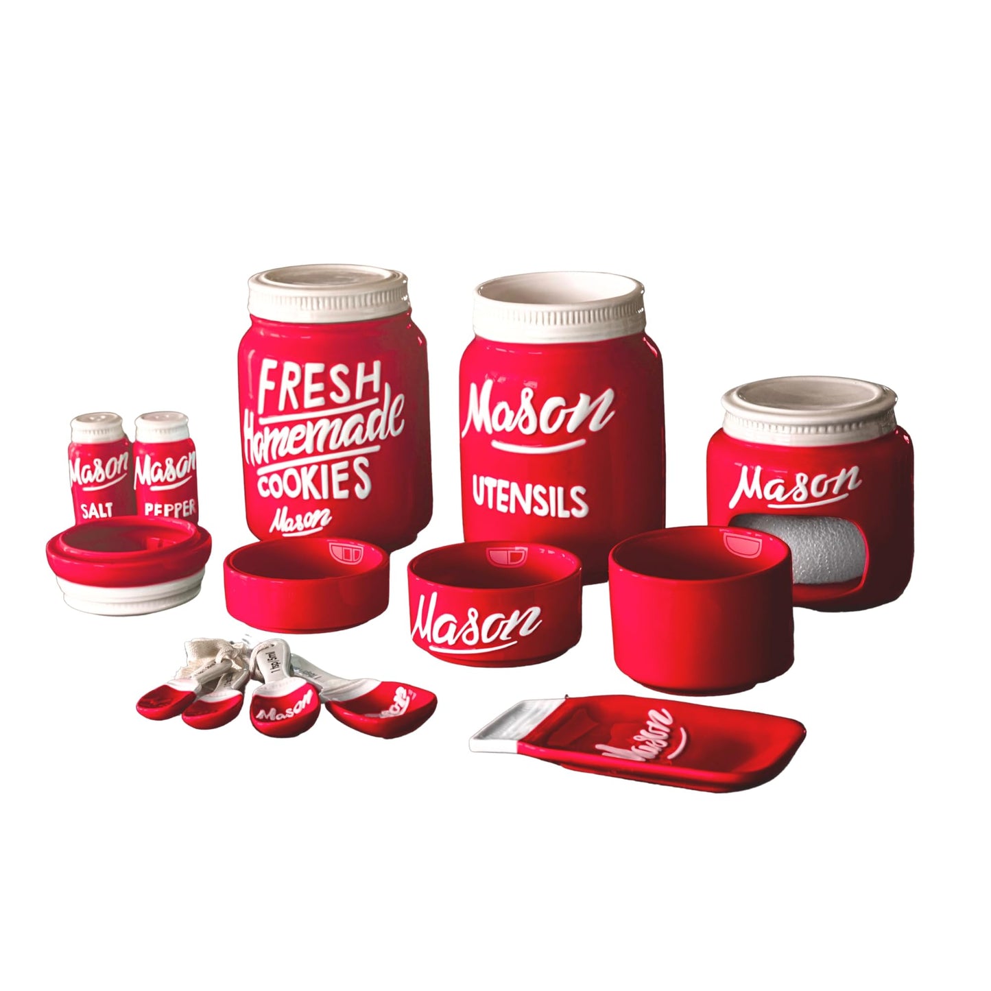 Farmhouse Canisters Sets for the Kitchen - Mason Jar Ceramic Kitchen Utensil Holder, Spoon Rest, Cute Cookie Jar, Salt & Pepper Shaker Sets, Sponge Holder, Measuring Cups & Spoons (Red, 17-Pc Bundle)