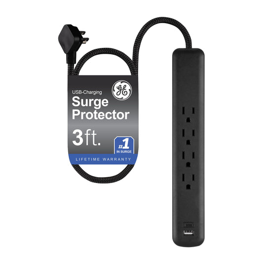 GE 6-Outlet Surge Protector, 10 Ft Extension Cord, Power Strip, 600 Joules, Twist-to-Close Safety Covers, Protected Indicator Light, UL Listed, Black, 37442