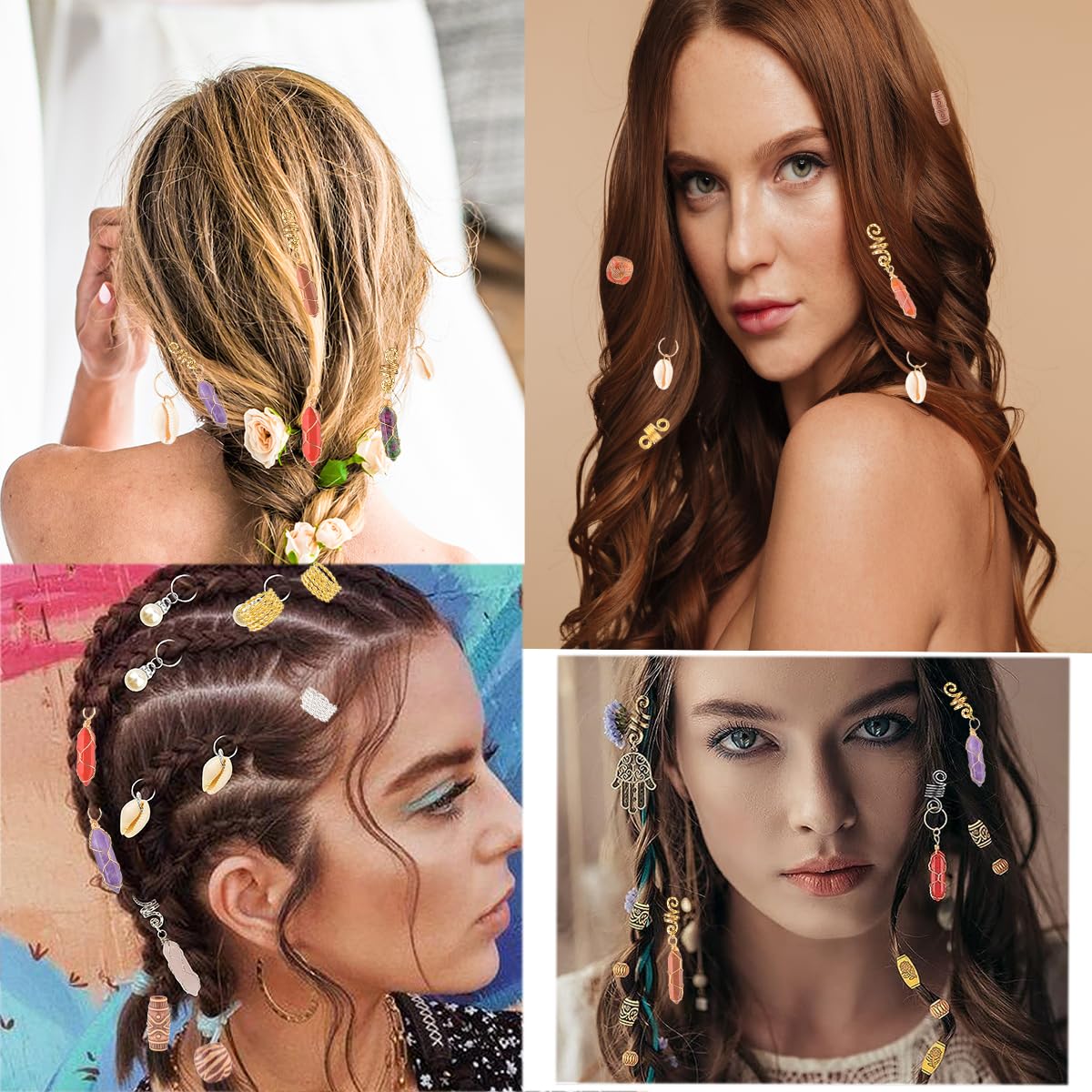 Modpion Hair Jewelry Crystal Dreadlock Accessories,Natura Stone for Hair Braids Charm Coils Rings Hair Cuffs Shells Imitation Hair Decoration