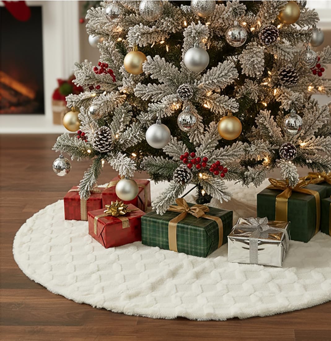 AISENO 48 Inch Christmas Tree Skirt Faux Fur with Cable Knit Knitted Thick Decoration for Merry Christmas Decorations
