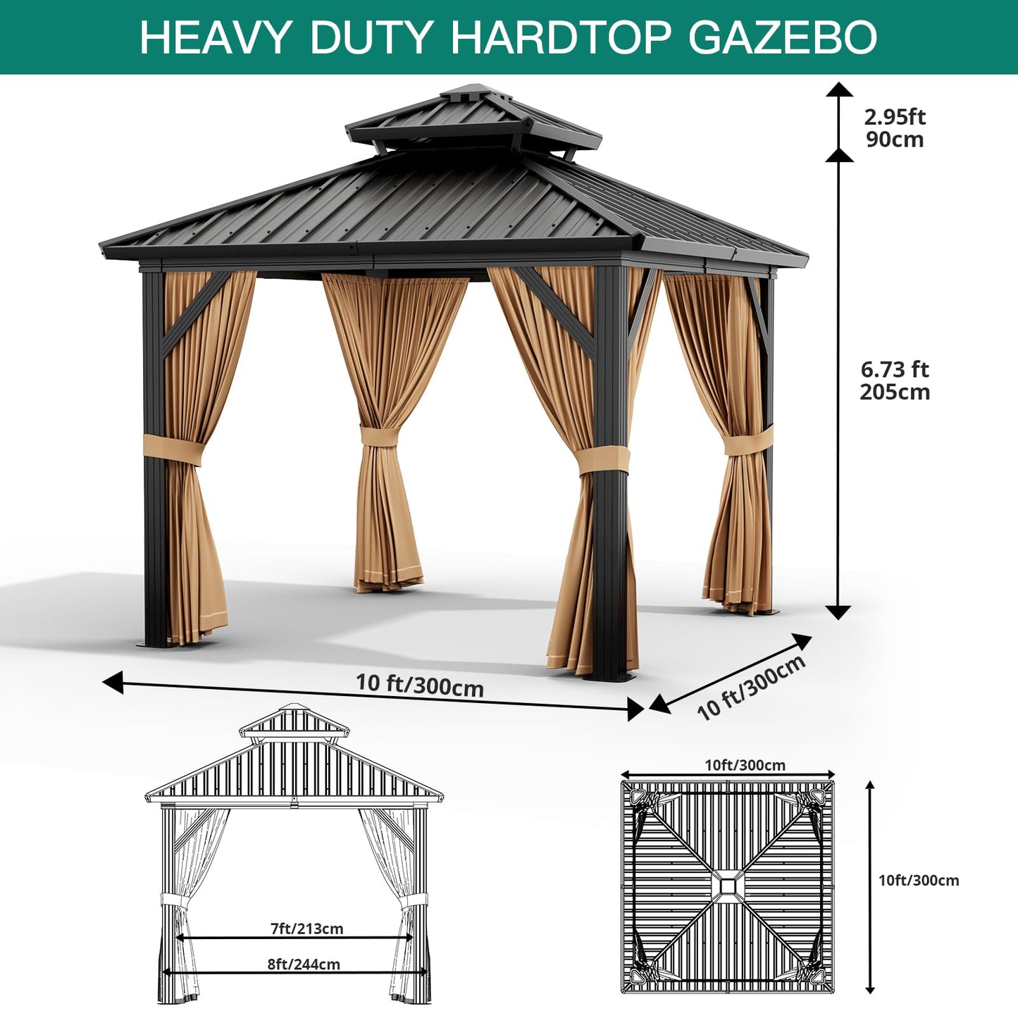 GarveeLife 10x10 ft Hardtop Gazebo, Aluminum Double Roof Gazebos with Netting and Curtains, Outdoor Permanent Gazebo for Garden, Patio, Backyard, Deck, Lawns (Brown, 10x10 ft)