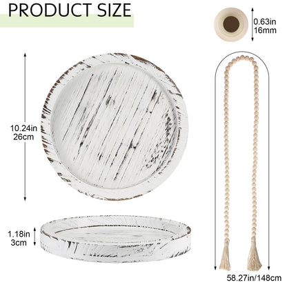 Tiangrid 5 Pcs Rustic Country Tabletop Centerpieces Decor Set of 3 Boho Ceramic Vases with Wooden Serving Tray Wood Bead Garland Tassels Table Holder for Home Decorations(White)