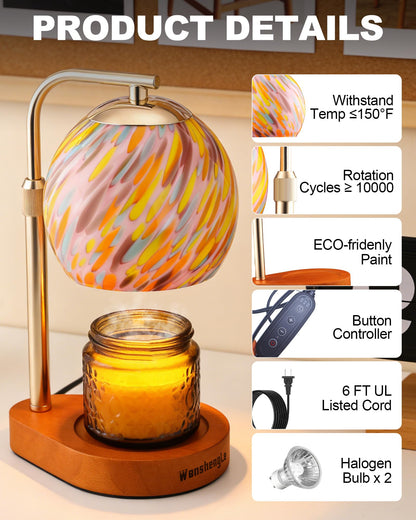 WangshengLe Stained Glass Candle Warmer Lamp Adjustable Height, 7-Level Dimmable Brightness with 2/4/8H Timer, Candle Warmer Light with 2 Bulbs for Women Mom Scented Jar Candles - Gold