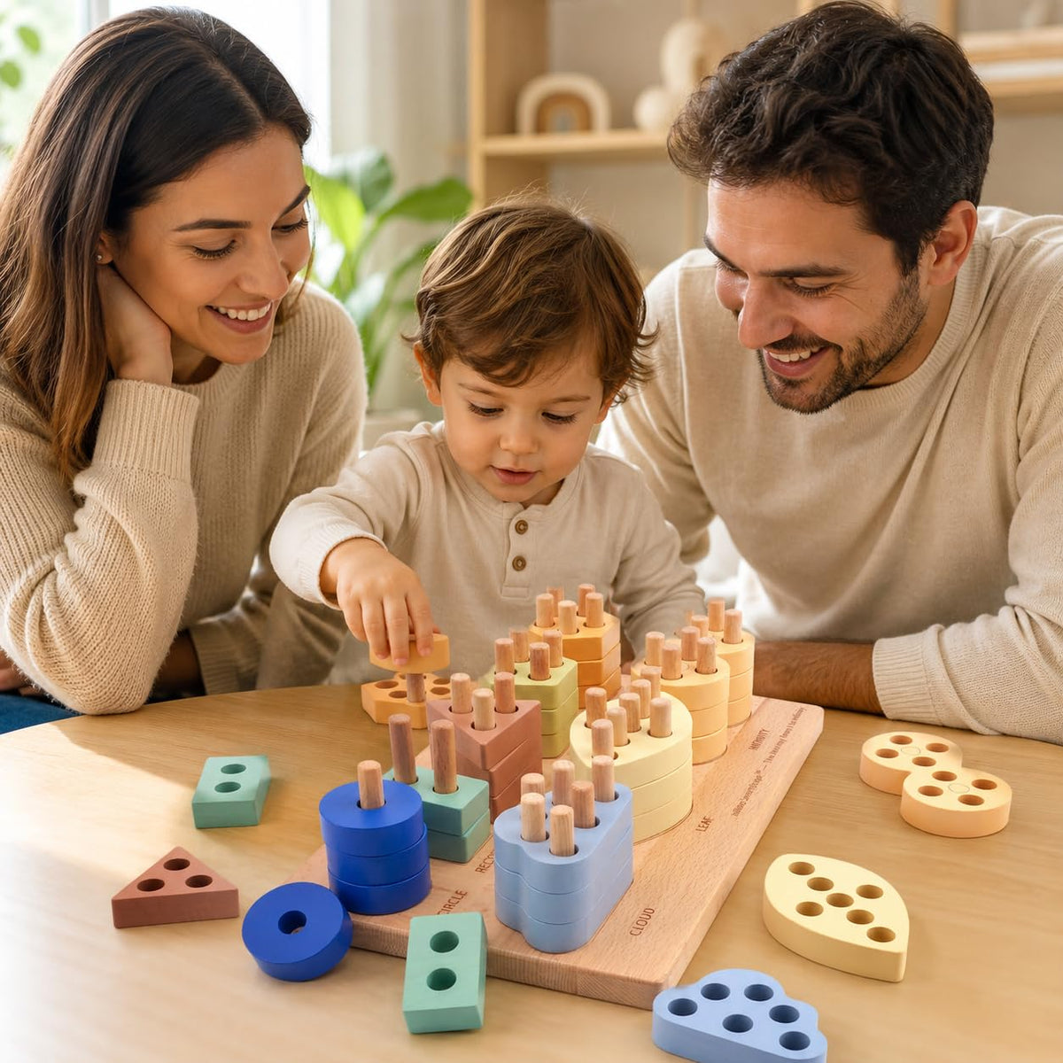 Infivra SmartShape — Montessori Wooden Shape Sorter with Cloud, Leaf & Infinity Shapes, Progressive 1-to-8 Peg Stacking Board for Toddlers 1-5, Fine Motor Learning Toy & Heirloom Gift
