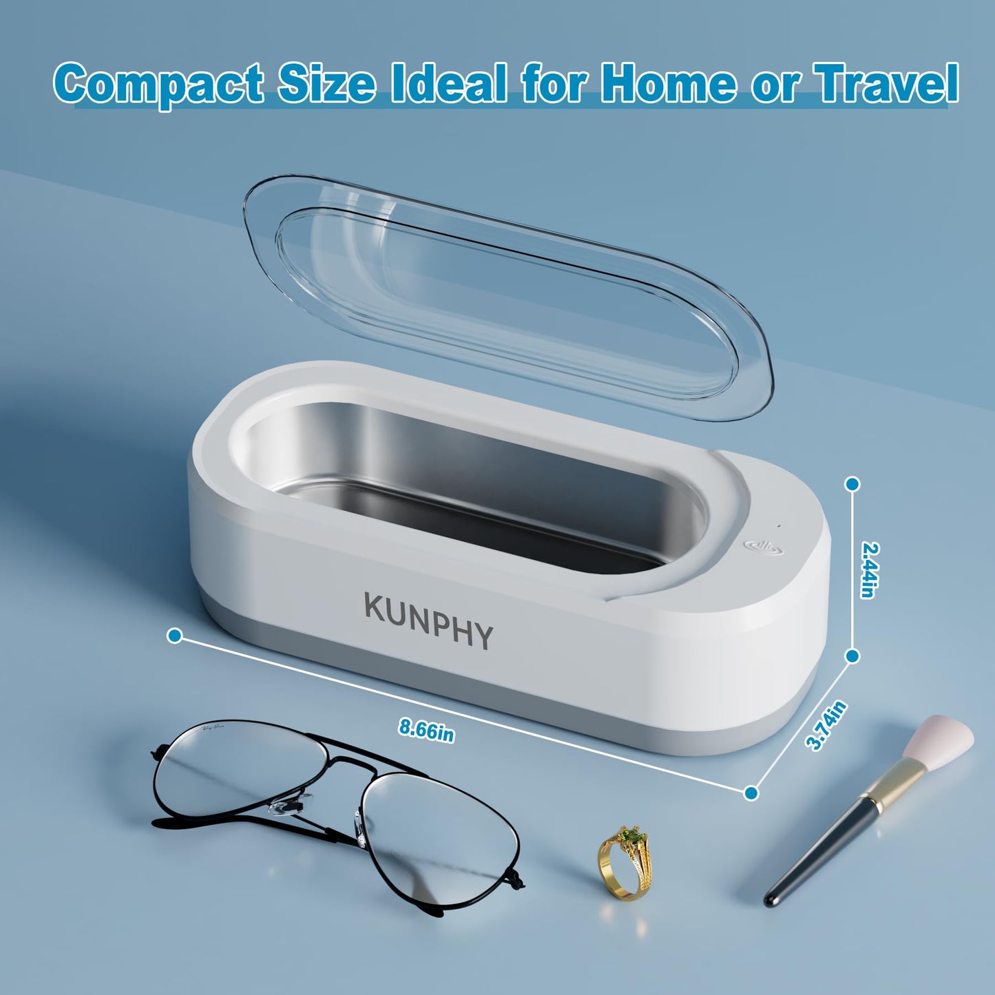 KUNPHY Ultrasonic Jewellery Cleaner, Ultrasonic Cleaner Machine 12oz 46KHz, Professional Sonic Cleaner with One-Touch Operation, Ultrasonic Cleaner for Rings, Glasses, Jewelry, Dentures