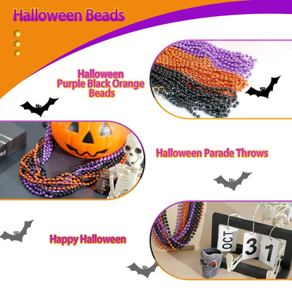 SHAOQINLIN 24 PCS Halloween Bead Necklace, Halloween Purple Black Orange Bead Necklaces, 33" Metallic Beaded Party Necklaces for Halloween Parade Throws Halloween Trick or Treat Decorations