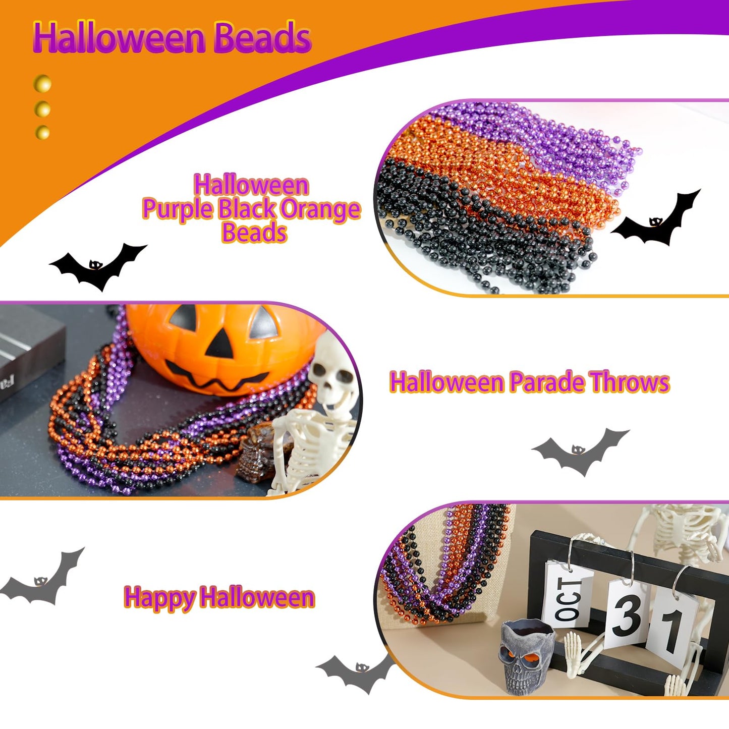 SHAOQINLIN 102PCS Halloween Bead Necklace, Purple Black Orange Bead Necklaces, 33" Metallic Beaded Party Necklaces for Halloween Parade Throws Halloween Trick or Treat Decorations