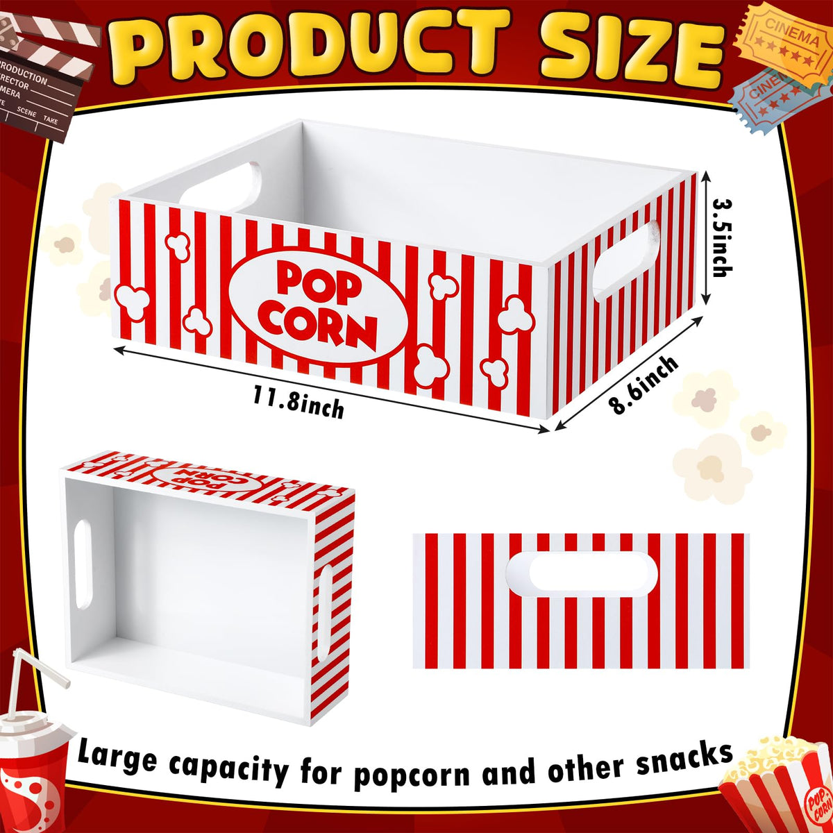 Movie Night Supplies Snack Trays with Handles Reusable Wooden Movie Gift Basket for Theater Popcorn Bucket Bowl Box Container Family Room Decor(Striped)