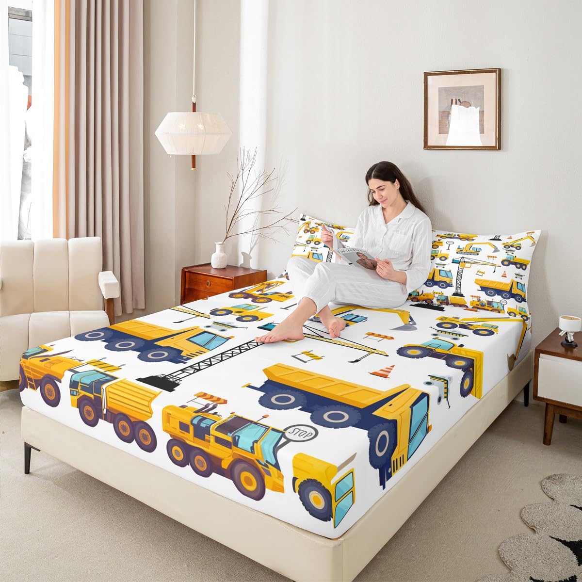 Erosebridal Kids Construction Bed Sheets Twin Excavator Truck Fitted Sheet for Boys Tractor Vehicle Toddler Bedding Sheets Cartoon Car Bed Set Yellow Blue 1 Pillow Case Child Room Decor