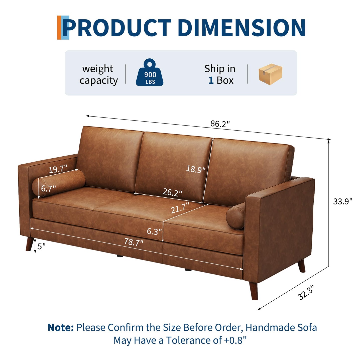PeacefulHues 81" Leather Sofa, Mid-Century Modern Deep Seat Couch, PU Leather Couch, 3-Seat Sofa for Living Room, Office, Brown