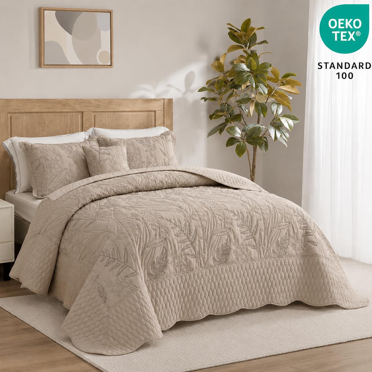 DaisyHuang Botanical Oversized Bedspread King Size - Leaves Pattern Stitching Quilt Set - Elegant & Fresh Style Bedding Coverlets, Reversible, Lightweight, 5 Piece, Taupe