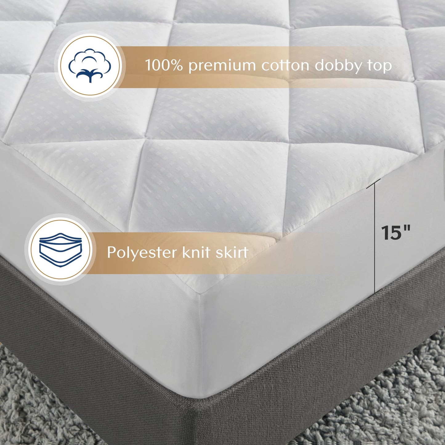 Croscill Queen Mattress Pad Cotton Bed Protector Waterproof Mattress Pad, Diamond Quilted Cover, Overfilled, Breathable Mattress Topper, Fitted Pocket Fits Up to 18", Easy Care, Queen, White