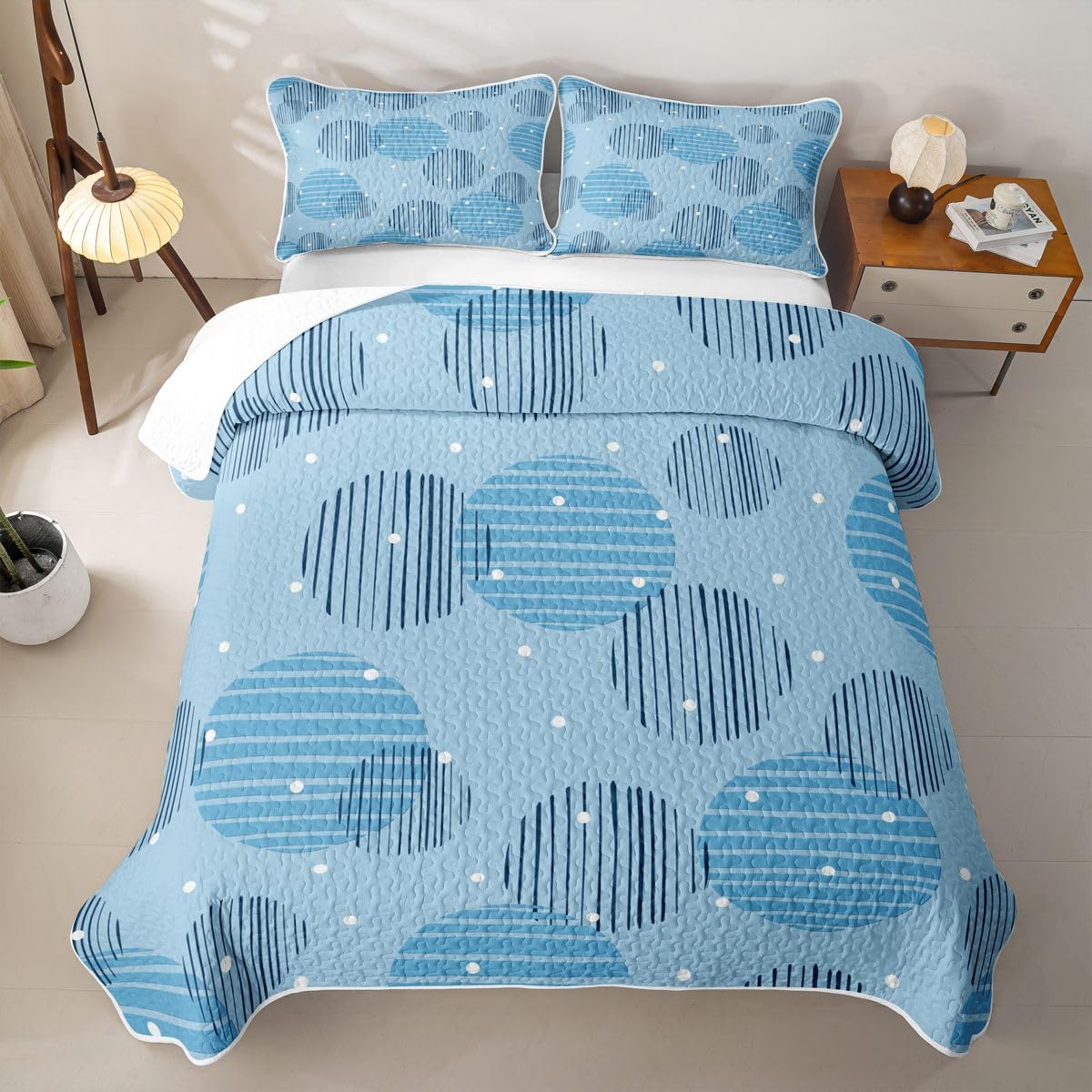 Erosebridal Geometric Quilted Bedspreadd Set Twin Circle Coverlet Set Baby Blue Bed Set Bohemian Abstract Bedding Set