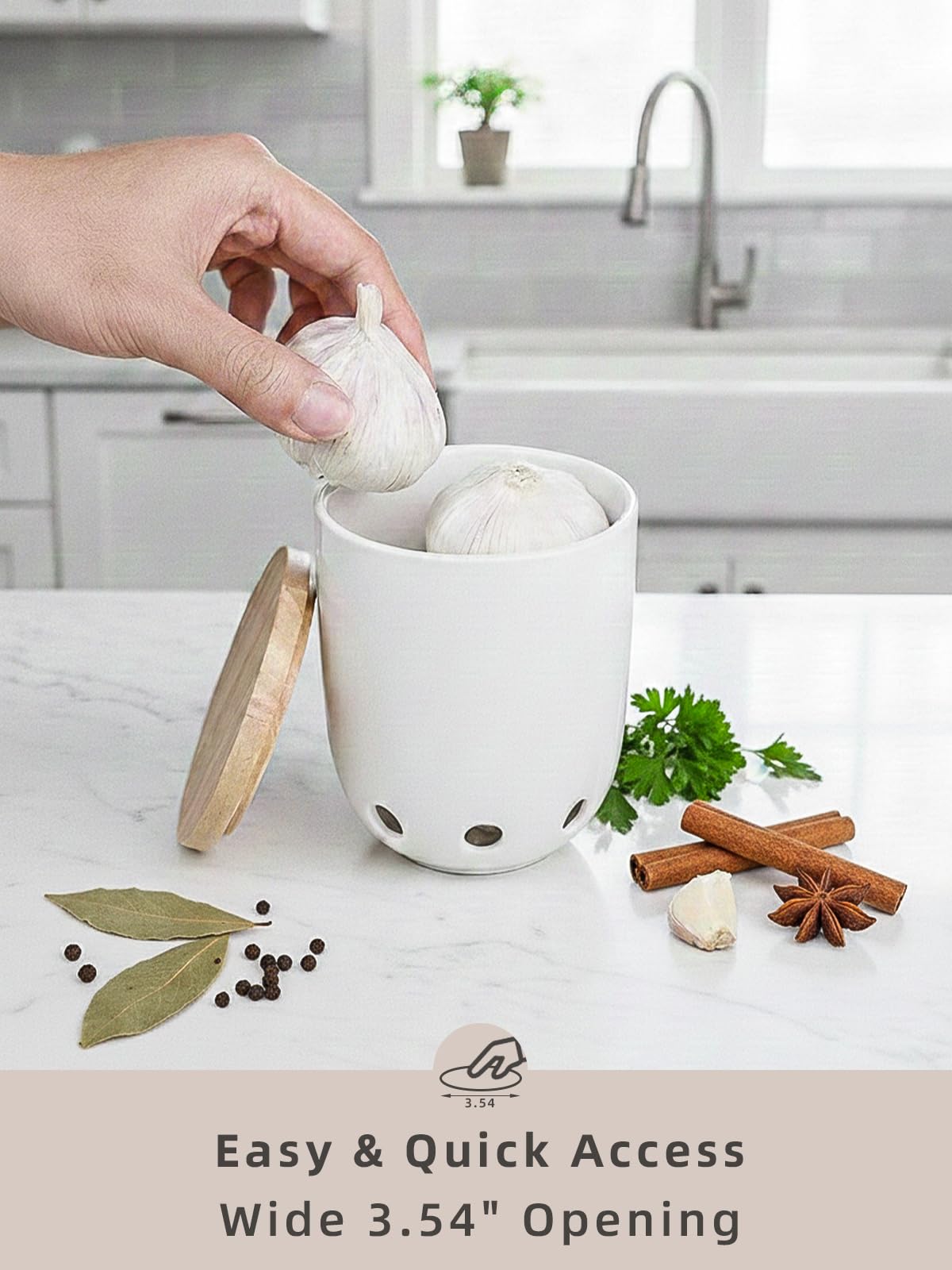 LEETOYI Ceramic Garlic Keeper for Counter, Garlic Holder with Wood Lid (White)