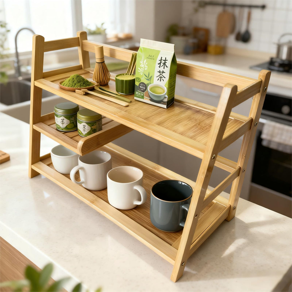 Lnncdsc Bamboo Matcha Station Organizer - Large Capacity 3-Tier Shelf, Easy to Install for Matcha and Coffee Bar Accessories, Perfect for Tea and Coffee Enthusiasts.(wood, large)