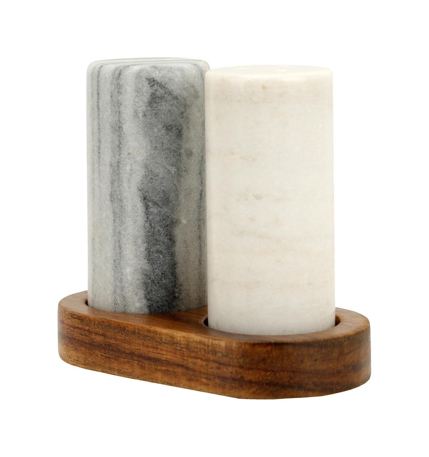 Spiretro Elegant Marble Salt and Pepper Shaker Set with Acacia Wood Holder - Real Grey and White Marble Cylindrical Shakers for Kitchen Shelf, Table or Spice Rack - 1.75” x 3.75” Each
