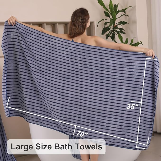 8 Pcs Navy Cabana Stripe Large Bath Towel Set Oversized Bath Sheet 2 Bathroom