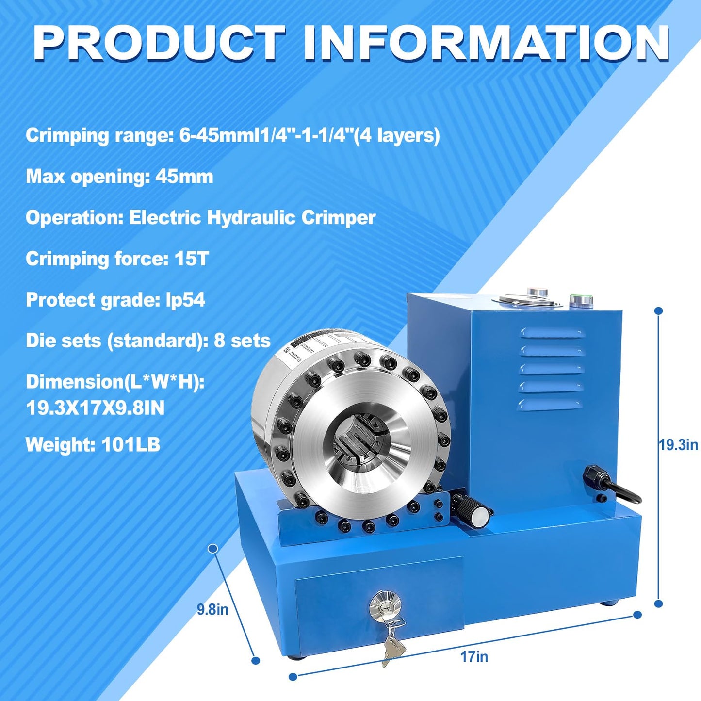 Electric Hydraulic Hose Crimper with 8 Dies, Portable Crimping Machine for1/4" to 1" Hose, High Pressure Electric Crimping Tool for Automotive, Excavators, AC Lines, Agricultural Equipment