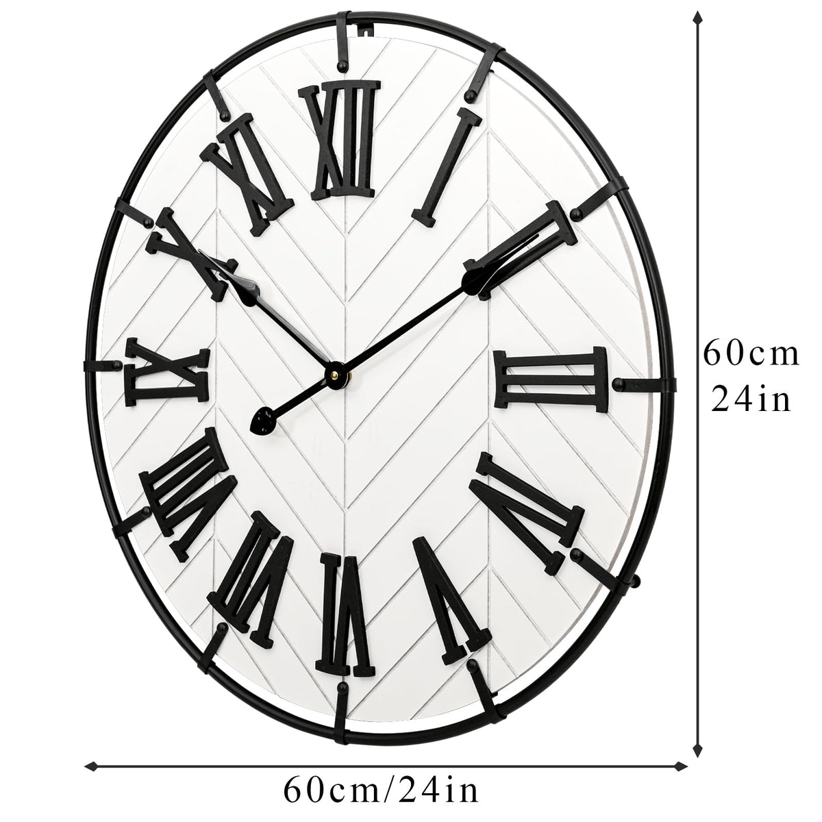 EMAX HOME 24 Inch Large Wooden Wall Clock – Extra Large Farmhouse Wall Clock with 3D Roman Numerals, Modern White Round Wood & Metal Clock for Living Room, Silent & Accurate Timekeeping