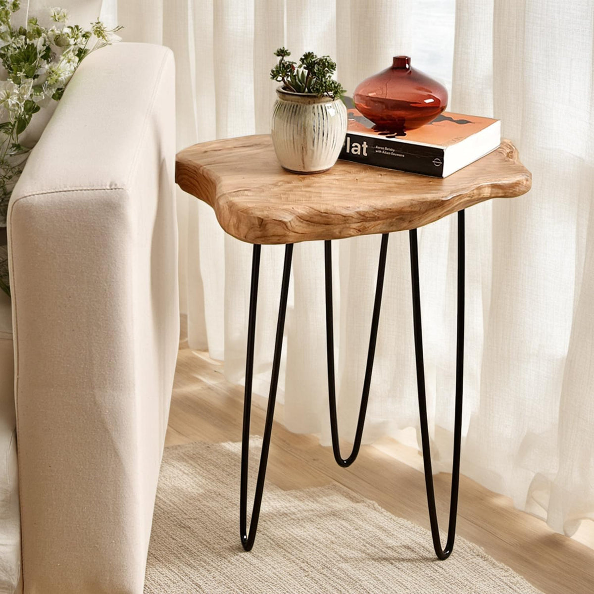 WELLAND Live Edge Cedar End Table, Unique Desktop Side Table, Natural Clear Finish, 19" L x 16" W x 20.5" H Nightstand, Plant Stand for Living Room, Bedroom, Home Office, Patio