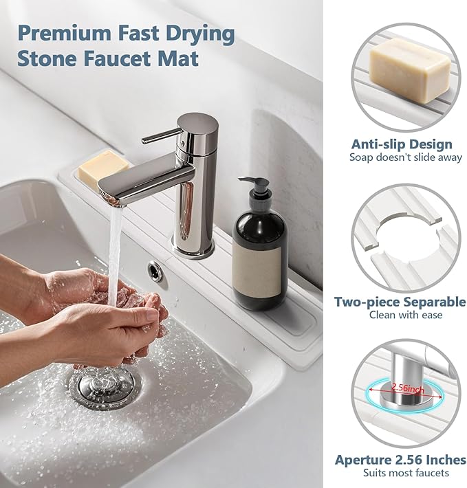 Faucet Mat for Kitchen Sink, Rapidly Absorbing Diatomite Fast Drying Stone