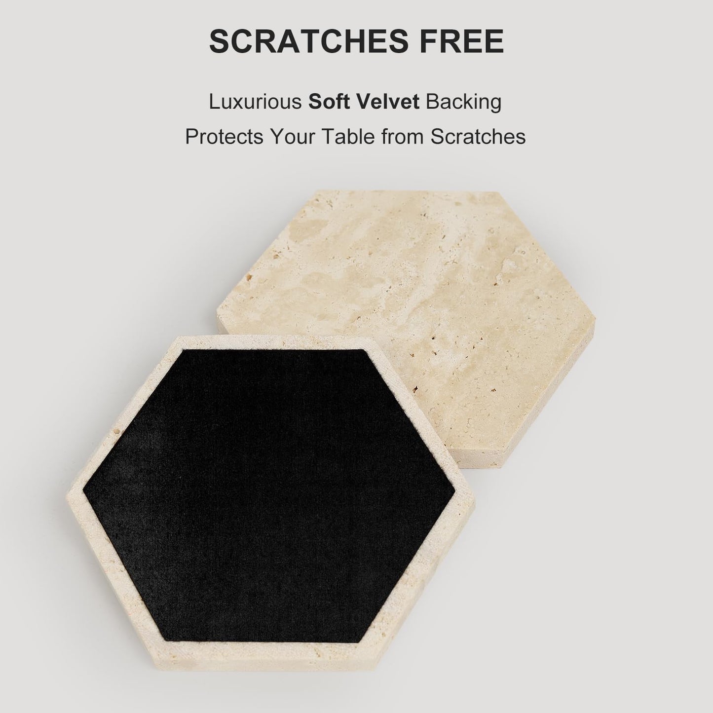 YONGHEE Travertine Coasters Set of 6 with Holder, Hexagonal Rustic Farmhouse Beige Marble Drink Coasters for Coffee Table Decor, Porous Stone Absorbent Coaster for Drinks, Velvet Backed