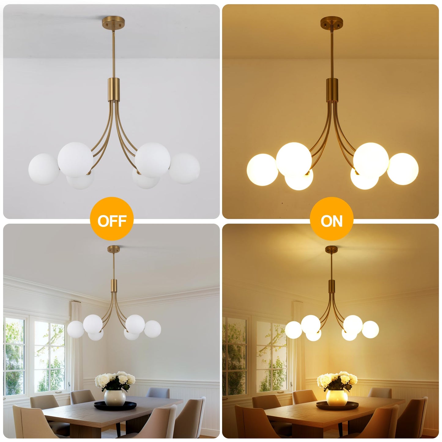 CNRATYE 6-Light Modern Farmhouse Gold Chandeliers for Dining Room Light Fixture, Mid Century Hanging Sputnik Chandelier for Living Room Kitchen Island Bedroom Foyer, Milk White Globe Glass Shade