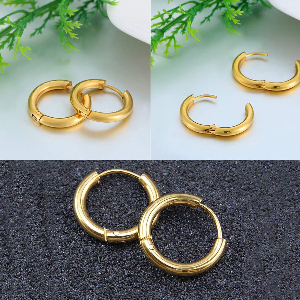 316L Surgical Stainless Steel Huggie Hoop Earrings 10mm Gold Hypoallergenic Earrings Hoop Cartilage Helix Lobes Hinged Sleeper Earrings For Men Women (C01:10mm Gold(THK 2.0mm))