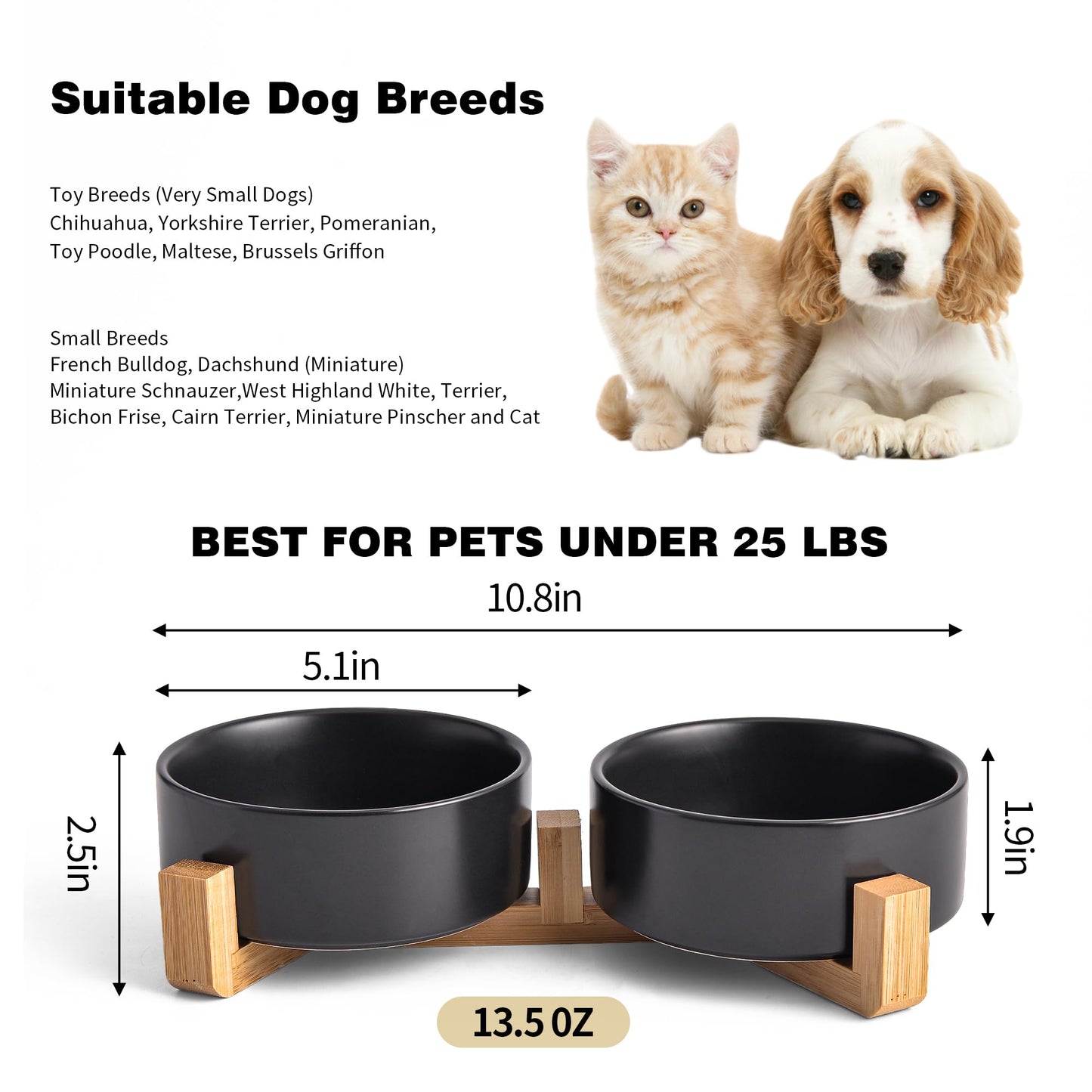 Mowtanco Black Ceramic Dog & Cat Bowl Set – 13.5 OZ with Wooden Stand, Non-Slip, Elevated Design for Small Dogs & Cats – 2 Bowls (Food & Water, Ceramic Pet Bowls, Modern Dog Bowls)