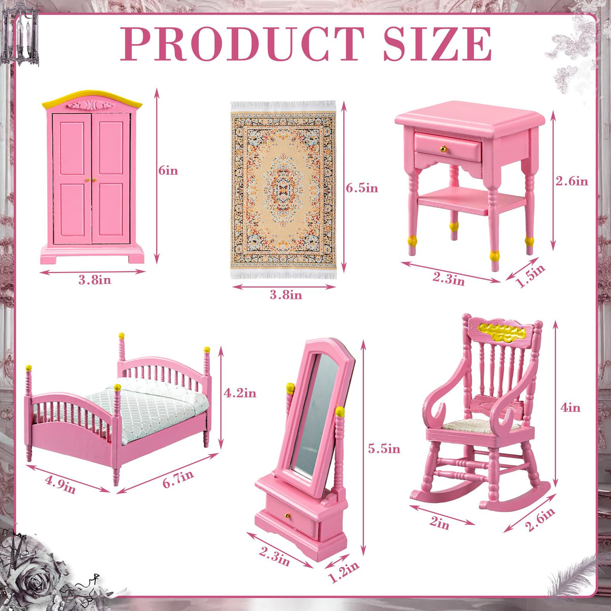 Skylety 7 Pcs Wooden Dollhouse Furniture Set 1: 12 Scale Victorian Dollhouse Bedroom Furniture, Bed Dressing Table Wardrobe Carpet for Adults Toys Miniature Doll House Accessories(Pink,Bright)
