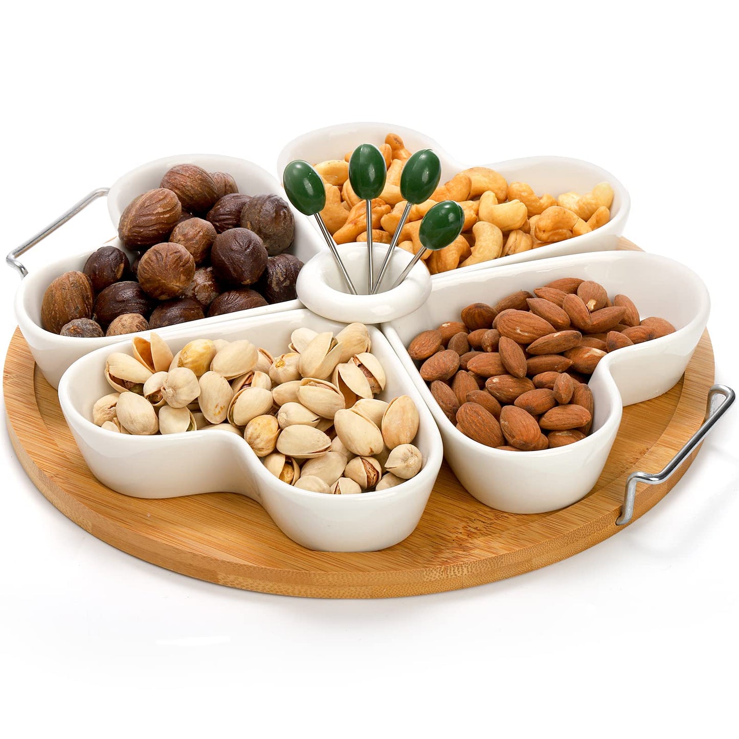 ZEAYEA 11 Inch Appetizer Serving Tray with Holder, Ceramic Divided Serving Platter with Food Picks for Christmas, Relish Tray for Chips and Dip, Veggies, Candy and Snacks, Parties, White